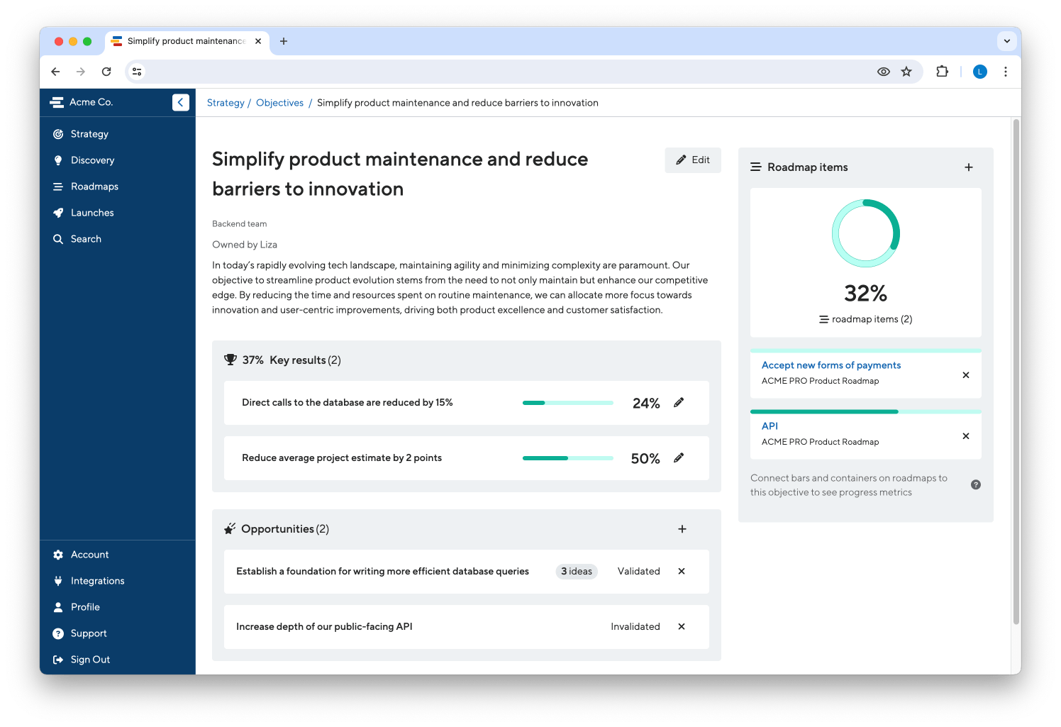 An objective view in ProductPlan with connected opportunities