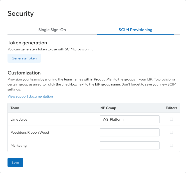 SCIM Provisioning – Security Page ProductPlan Security Settings Page