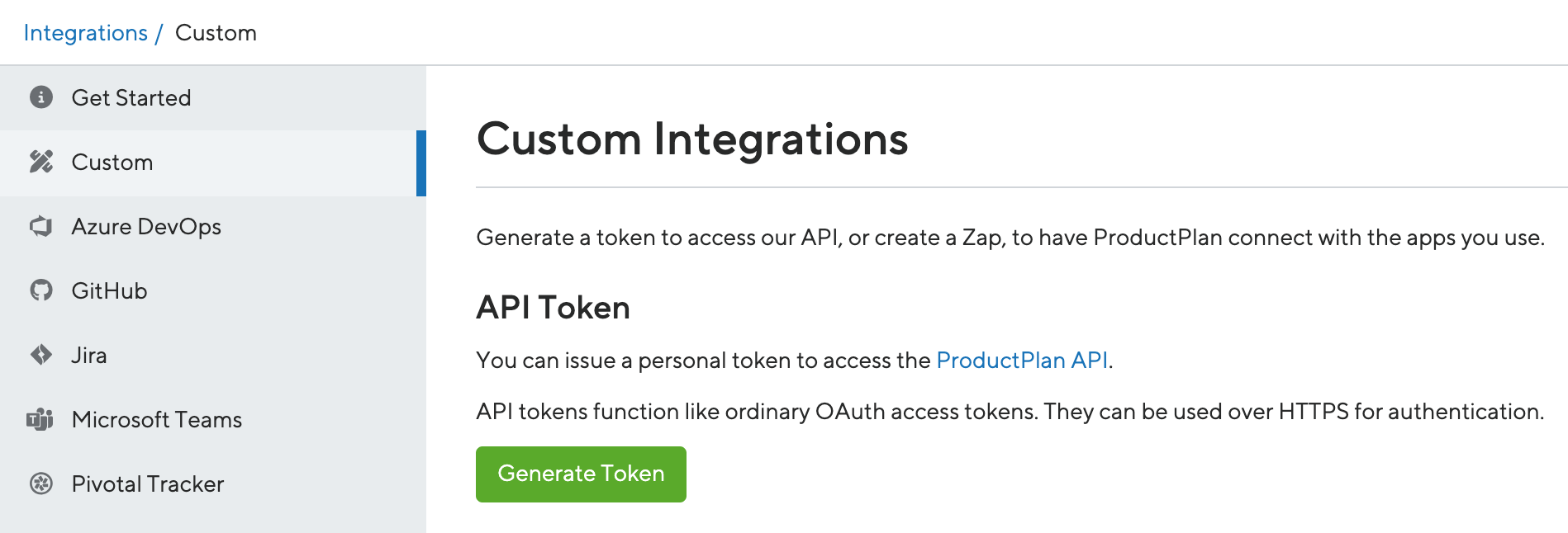 The link in the ProductPlan app to generate an API V2 token.