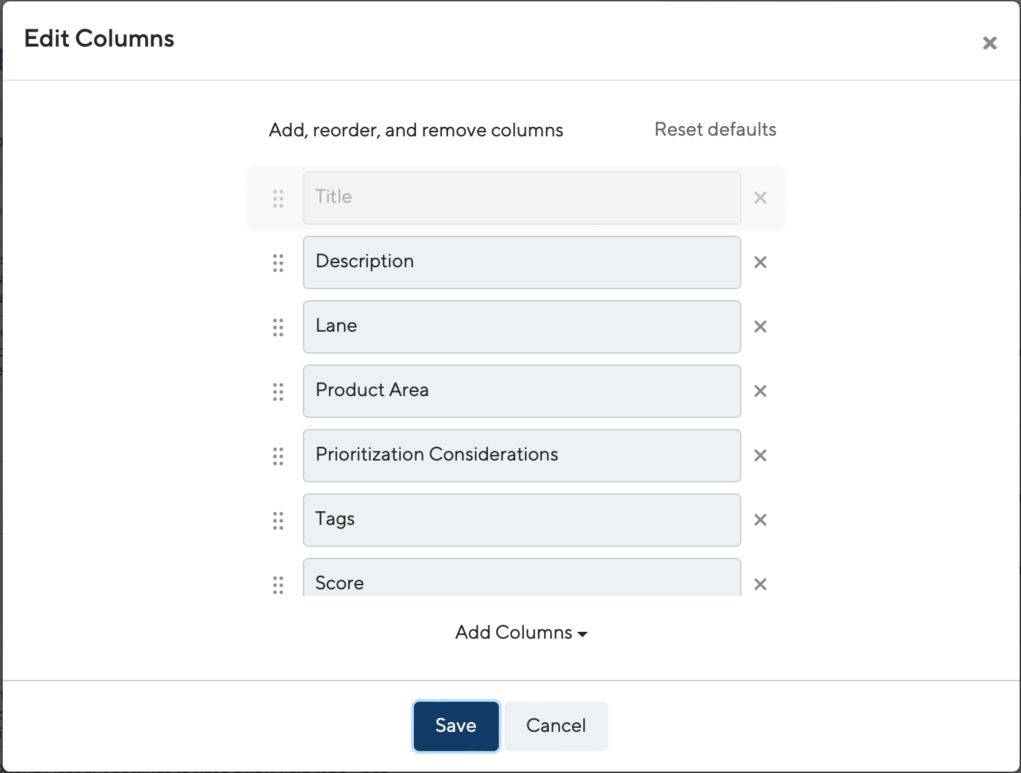 The new reordering columns functionality within ProductPlan's Table Layout