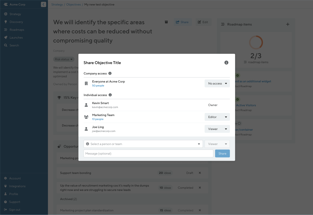 Objective permissions share modal